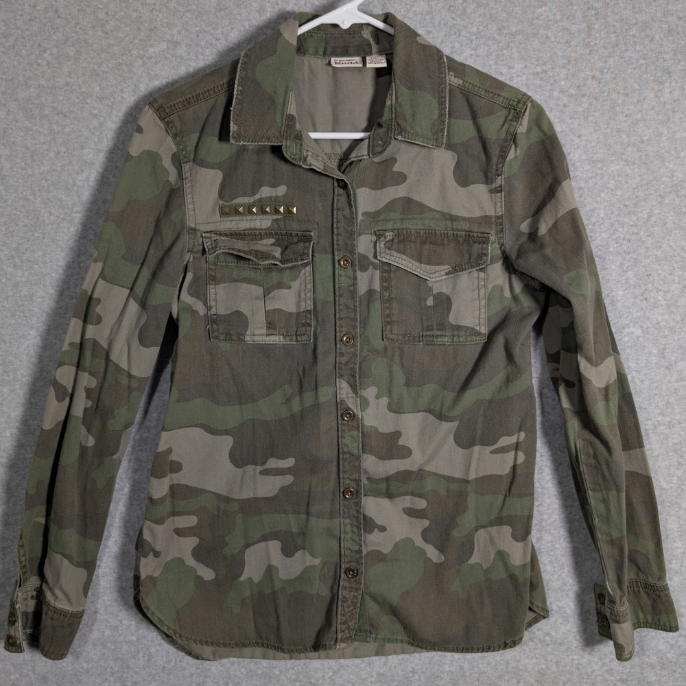 Mudd Camo Button Down Shirt Womens Small Studded Utility Military‎ Cotton Y2K